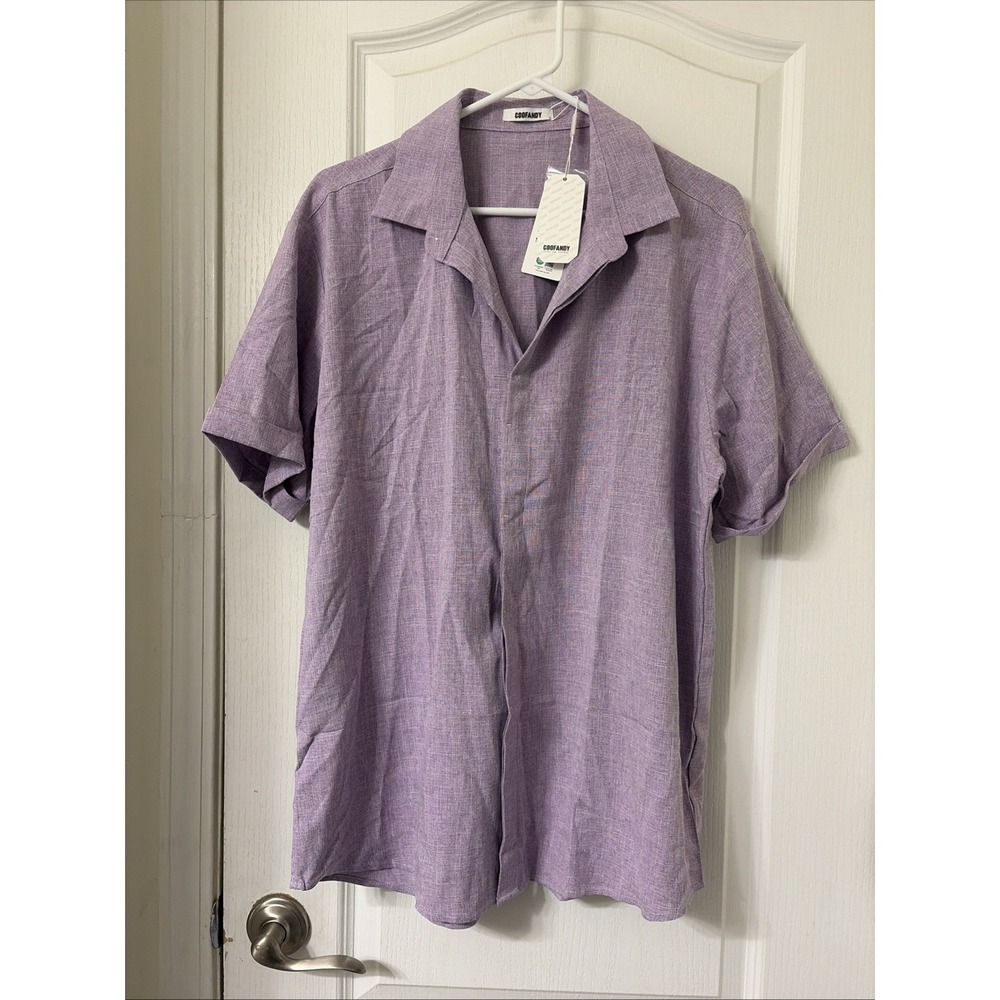 New Coofandy Purple Linen Blend Hidden Button Down Short Sleeve Size Large